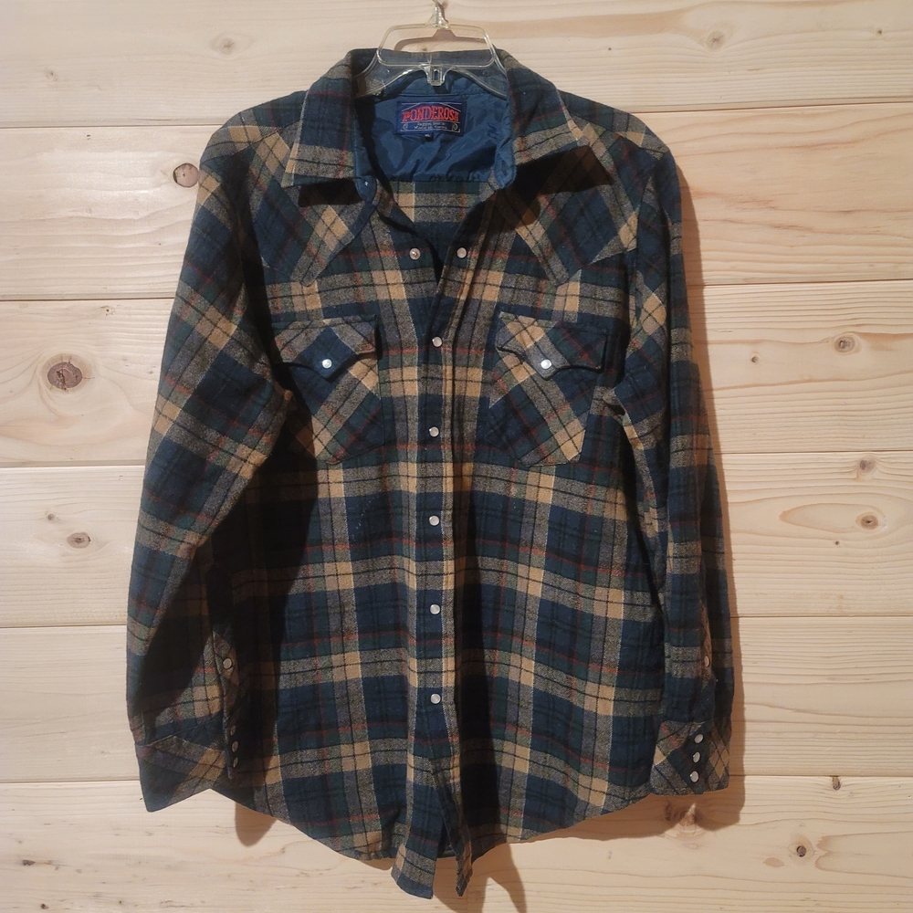 Ponderosa 85% Wool Men Button Up Shirt Size XL 23x29